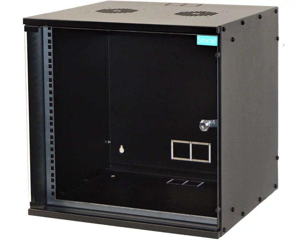 CABINET 19″ SPACER 9U 515x450mm, fixare pe perete, Flatpack (dezasamblat), Black, usa sticla cu blocare, otel 1.5mm, sarcina maxima 100Kg, „SPCW-9U-450-BK”