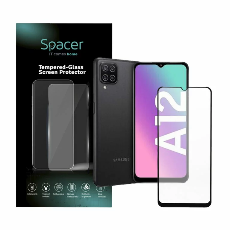 FOLIE STICLA Spacer pentru Samsung Galaxy A12, grosime 0.3mm, acoperire totala ecran, strat special anti-ulei si anti-amprenta, Tempered Glass, sticla 9D, duritate 9H „SPPG-SM-GX-A12-TG”