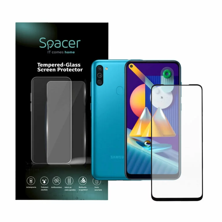 FOLIE STICLA Spacer pentru Samsung Galaxy M11, grosime 0.3mm, acoperire totala ecran, strat special anti-ulei si anti-amprenta, Tempered Glass, sticla 9D, duritate 9H „SPPG-SM-GX-M11-TG”