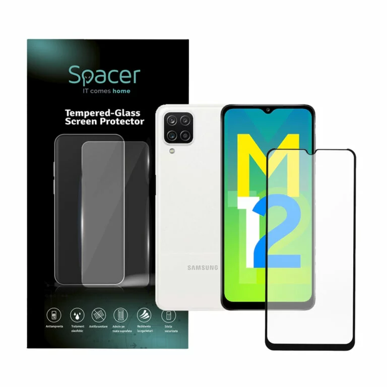 FOLIE STICLA Spacer pentru Samsung Galaxy M12, grosime 0.3mm, acoperire totala ecran, strat special anti-ulei si anti-amprenta, Tempered Glass, sticla 9D, duritate 9H „SPPG-SM-GX-M12-TG”