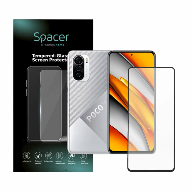 FOLIE STICLA Spacer pentru Xiaomi Pocophone F3 5G, grosime 0.3mm, acoperire totala ecran, strat special anti-ulei si anti-amprenta, Tempered Glass, sticla 9D, duritate 9H „SPPG-XI-PC-F35G-TG”