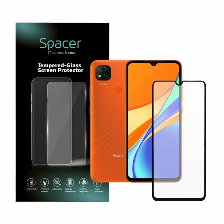FOLIE STICLA Spacer pentru Xiaomi Redmi 9C, grosime 0.3mm, acoperire totala ecran, strat special anti-ulei si anti-amprenta, Tempered Glass, sticla 9D, duritate 9H „SPPG-XI-RM-9C-TG”