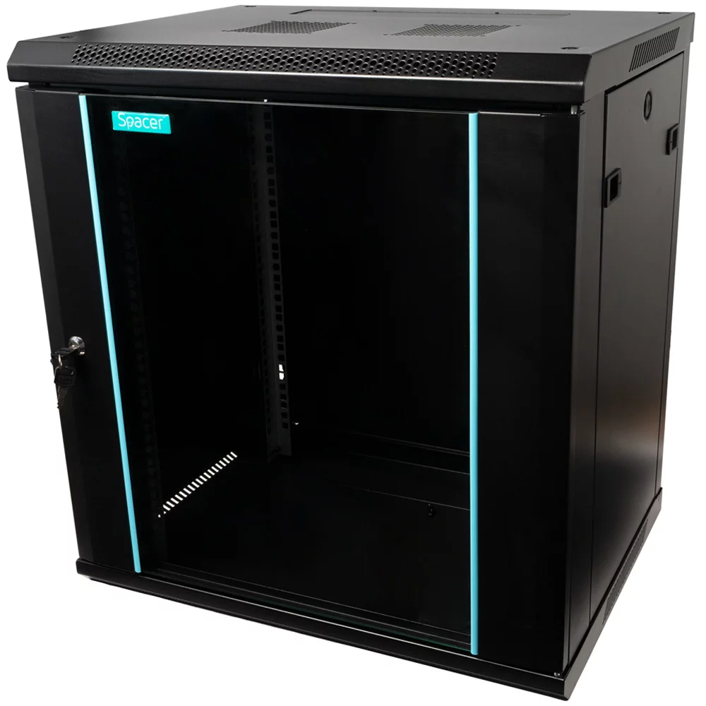 CABINET 19″ SPACER 12U 600x450mm, fixare pe perete, Flatpack (dezasamblat), Black, usa sticla cu blocare, panouri detasabile, otel 1.5mm, sarcina maxima 60Kg, „SPCW-12U-450-BK-03”