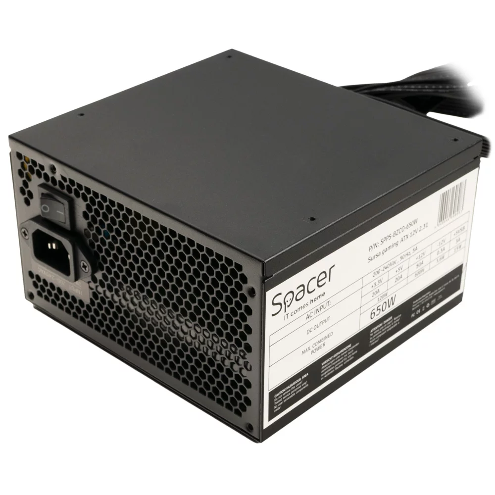 SURSA SPACER BZCO-650 80+ Bronze compatible, 650w, fan 120mm, 2x PCI-E (6+2), 6x S-ATA, 2x P8 (4+4), „SPPS-BZCO-650”, (timbru verde 2 lei)