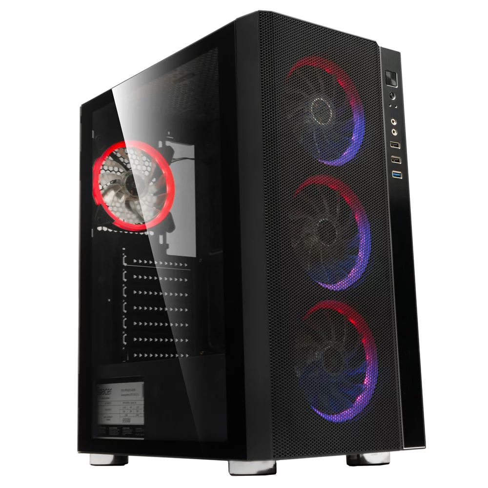 CARCASA SPACER – gaming, Middle Tower, ATX, „RAINBOW”, fara sursa, sticla securizata, 4 x ARGB fan, USB 2.0 x 2, USB 3.0 x 1, HD-Audio, mesh, HUB, telecomanda, panou frontal plasa metalica+aluminiu, „SPCS-GC-RAINBOW” (timbru verde 0.35 lei)