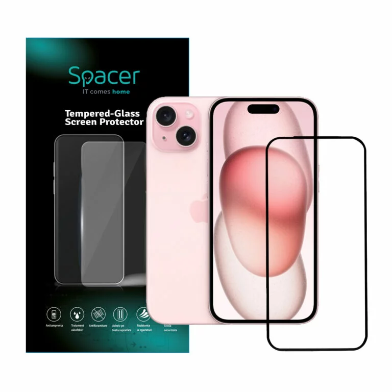 FOLIE STICLA Spacer pentru Iphone 15, grosime 0.3mm, acoperire totala ecran, strat special anti-ulei si anti-amprenta, Tempered Glass, sticla 9D, duritate 9H „SPPG-AP-IP15-TG”