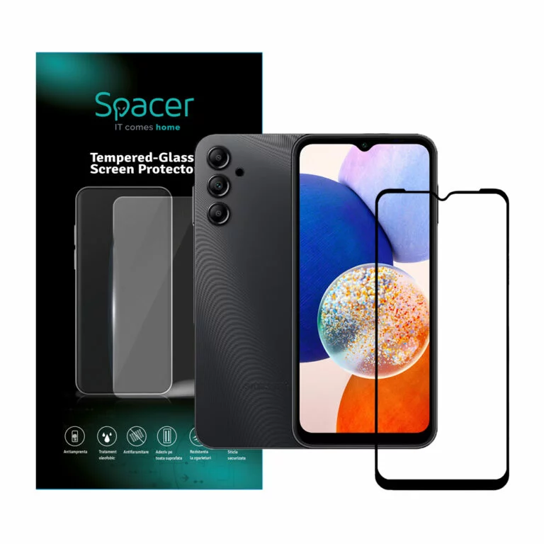 FOLIE STICLA Spacer pentru Samsung Galaxy A14, grosime 0.3mm, acoperire totala ecran, strat special anti-ulei si anti-amprenta, Tempered Glass, sticla 9D, duritate 9H „SPPG-SM-GX-A14-TG”