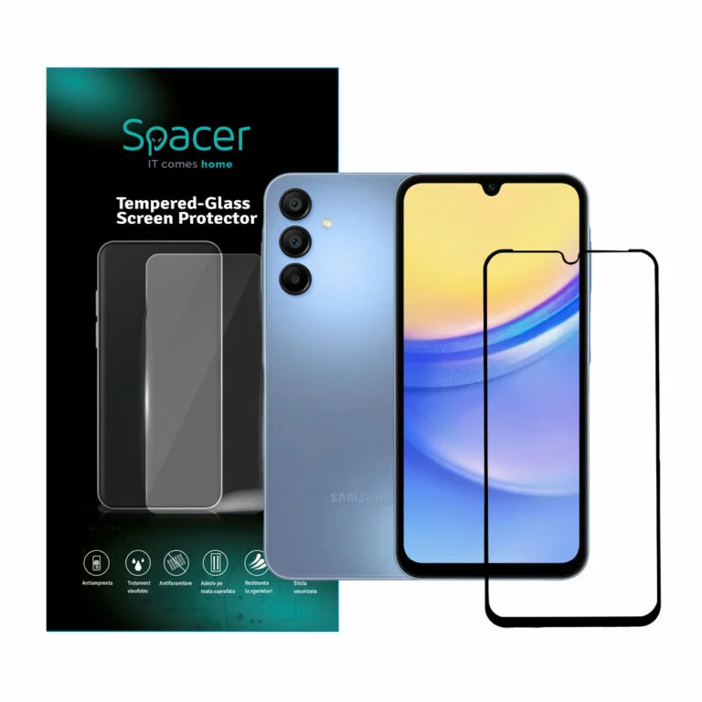 FOLIE STICLA Spacer pentru Samsung Galaxy A15, grosime 0.3mm, acoperire totala ecran, strat special anti-ulei si anti-amprenta, Tempered Glass, sticla 9D, duritate 9H „SPPG-SM-GX-A15-TG”