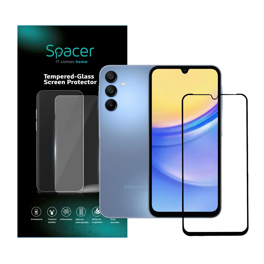 FOLIE STICLA Spacer pentru Samsung Galaxy A15, grosime 0.3mm, acoperire totala ecran, strat special anti-ulei si anti-amprenta, Tempered Glass, sticla 9D, duritate 9H „SPPG-SM-GX-A15-TG”