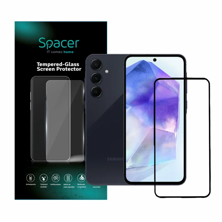 FOLIE STICLA Spacer pentru Samsung Galaxy A55, grosime 0.3mm, acoperire totala ecran, strat special anti-ulei si anti-amprenta, Tempered Glass, sticla 9D, duritate 9H „SPPG-SM-GX-A55-TG”
