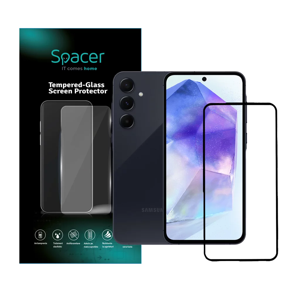 FOLIE STICLA Spacer pentru Samsung Galaxy A55, grosime 0.3mm, acoperire totala ecran, strat special anti-ulei si anti-amprenta, Tempered Glass, sticla 9D, duritate 9H „SPPG-SM-GX-A55-TG”