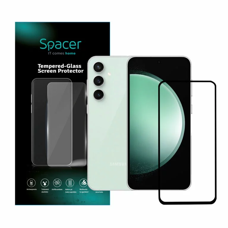 FOLIE STICLA Spacer pentru Samsung Galaxy S23 FE, grosime 0.3mm, acoperire totala ecran, strat special anti-ulei si anti-amprenta, Tempered Glass, sticla 9D, duritate 9H „SPPG-SM-GX-S23FE-TG”