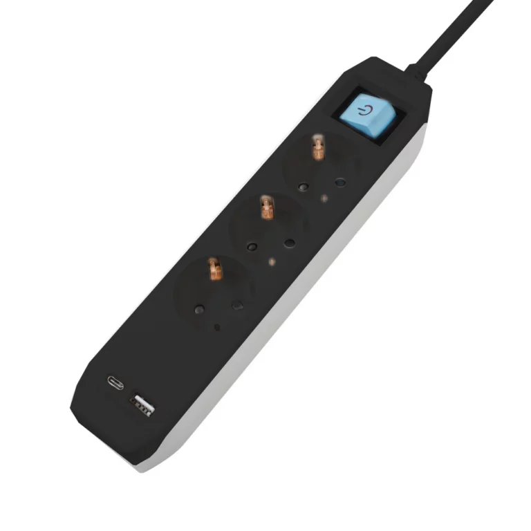 PRELUNGITOR SPACER, Schuko x 3, conectare prin Schuko (T),Type-C x1, USB x 1, 3.1A, cablu 3m, 16 A, max. 3500W, protectie copii, Intrerupator, Negru, „PP-3-30B-TC-USB” (timbru verde 0.18 lei)