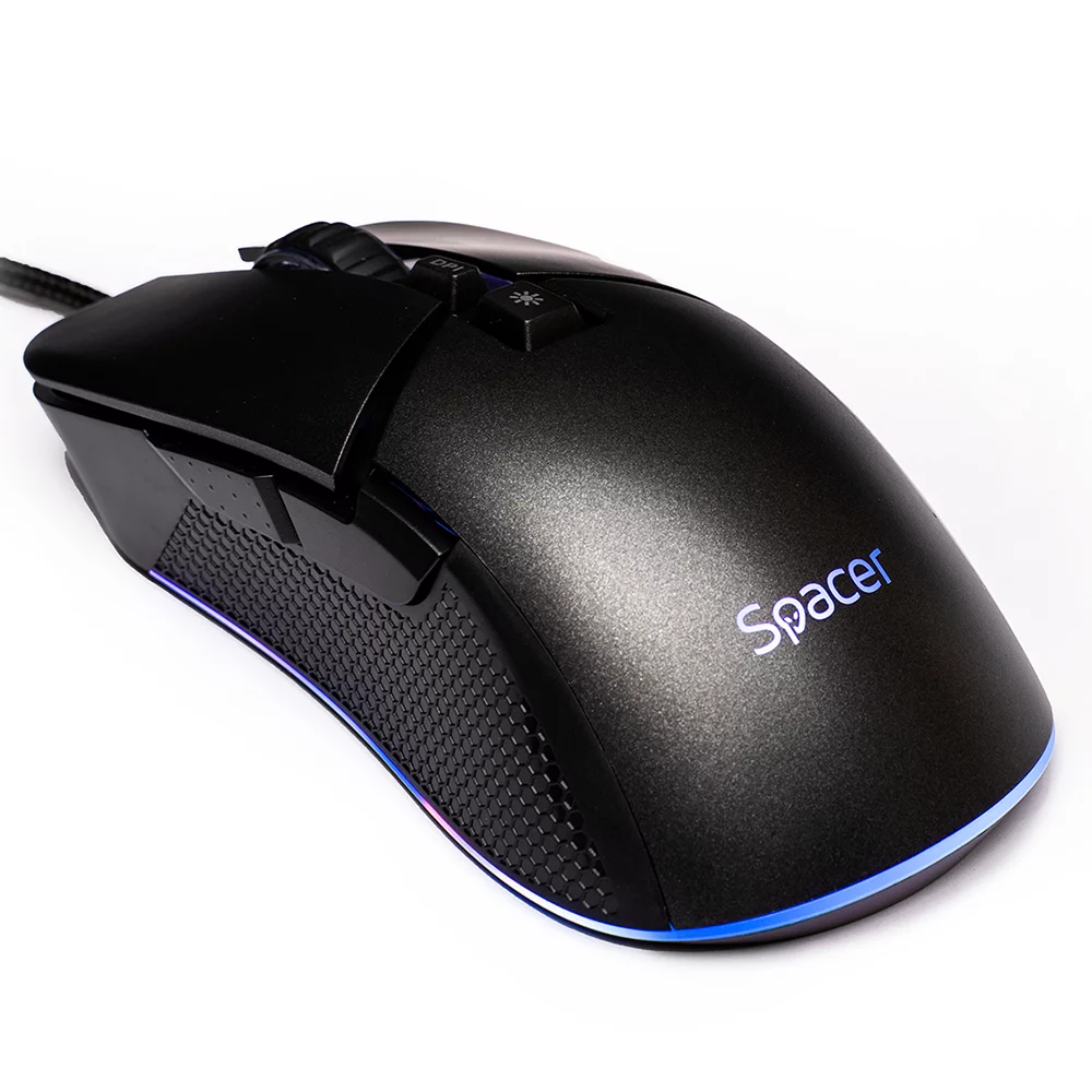 MOUSE Spacer – gaming, gaming, cu fir, USB, optic, rezolutie selectabila max. 8.000 dpi, butoane/scroll 7/1, iluminare RGB, negru, „SPGM-PULSAR-PRO” (timbru verde 0.18 lei)