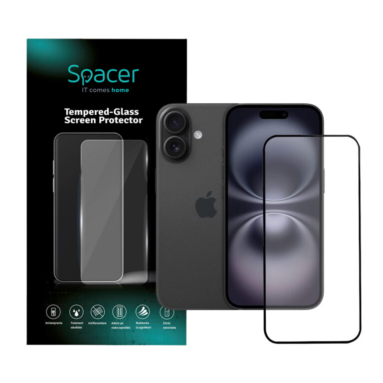 FOLIE STICLA Spacer pentru Iphone 16, grosime 0.3mm, acoperire totala ecran, strat special anti-ulei si anti-amprenta, Tempered Glass, sticla 9D, duritate 9H „SPPG-AP-IP16-TG”