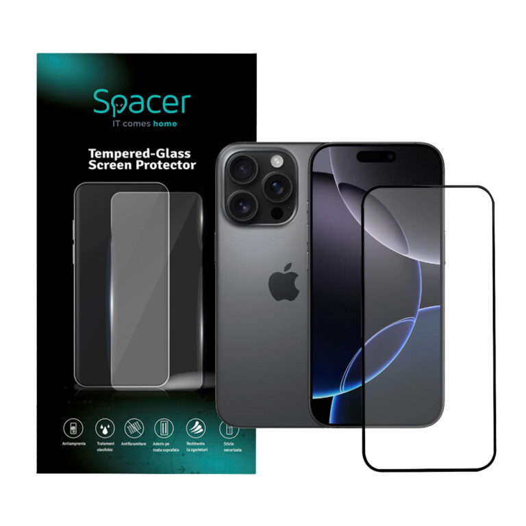 FOLIE STICLA Spacer pentru Iphone 16 Pro, grosime 0.3mm, acoperire totala ecran, strat special anti-ulei si anti-amprenta, Tempered Glass, sticla 9D, duritate 9H „SPPG-AP-IP16P-TG”