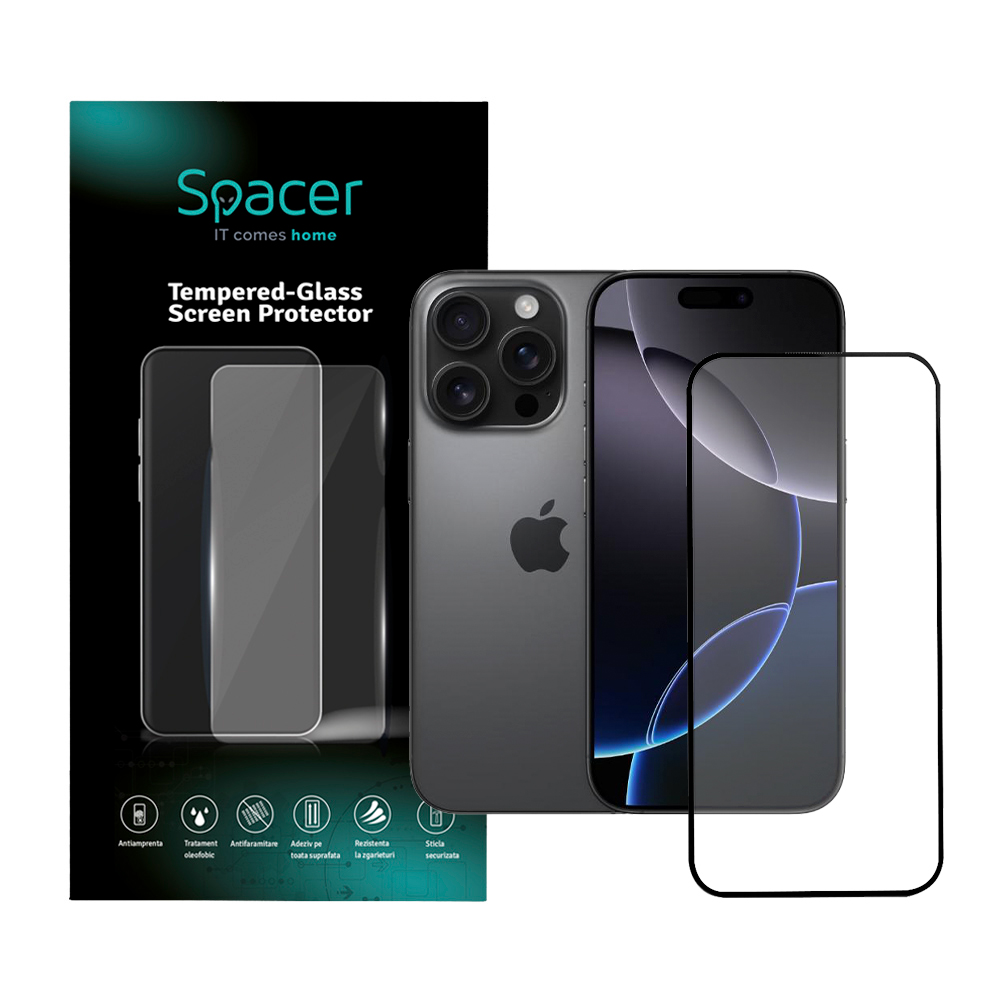FOLIE STICLA Spacer pentru Iphone 16 Pro, grosime 0.3mm, acoperire totala ecran, strat special anti-ulei si anti-amprenta, Tempered Glass, sticla 9D, duritate 9H „SPPG-AP-IP16P-TG”
