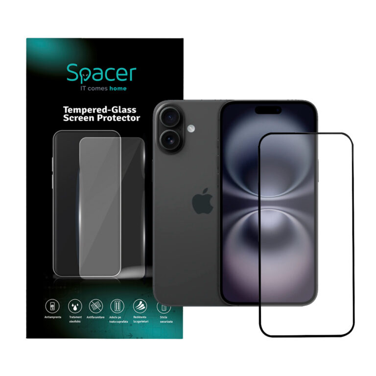 FOLIE STICLA Spacer pentru Iphone 16 Plus, grosime 0.3mm, acoperire totala ecran, strat special anti-ulei si anti-amprenta, Tempered Glass, sticla 9D, duritate 9H „SPPG-AP-IP16PL-TG”