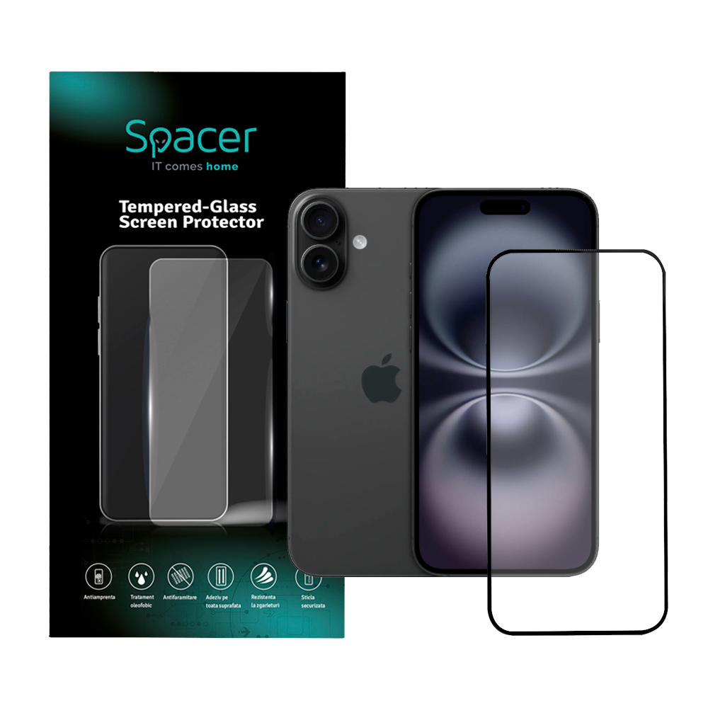 FOLIE STICLA Spacer pentru Iphone 16 Plus, grosime 0.3mm, acoperire totala ecran, strat special anti-ulei si anti-amprenta, Tempered Glass, sticla 9D, duritate 9H „SPPG-AP-IP16PL-TG”