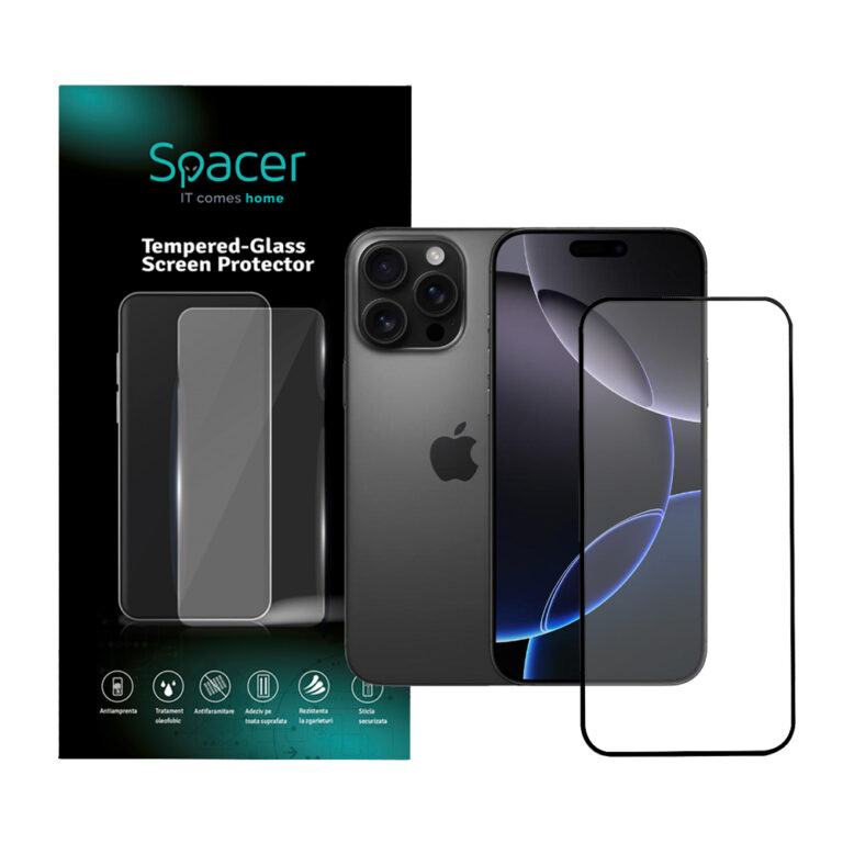 FOLIE STICLA Spacer pentru Iphone 16 Pro Max, grosime 0.3mm, acoperire totala ecran, strat special anti-ulei si anti-amprenta, Tempered Glass, sticla 9D, duritate 9H „SPPG-AP-IP16PM-TG”