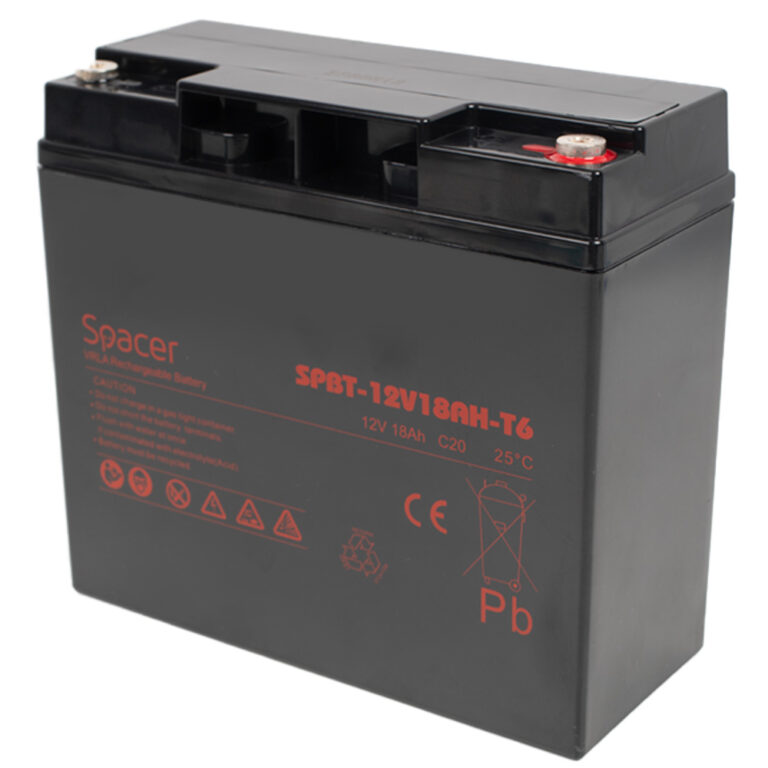 ACUMULATOR UPS SPACER 12V / 18Ah, dimensiuni: 181x77x167mm, inaltime+terminal: 167mm, terminal F6(T6), „SPBT-12V18AH-T6” (timbru verde 0.5 lei)