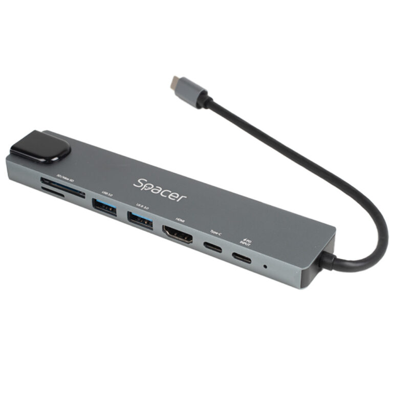 DOCKING Station Spacer universal 8 in 1, conectare Type-C, USB 3.0 x 2|USB Type C x 1|PD 87W x 1|HDMI x 1 4K (30Hz)|RJ-45 (1000Mb/s)| SD Cardx1| TF (MicroSD)x1, Gri, Aluminiu, „SPDS-TypeC-CHUPSG-8in1” (timbru verde 0.18 lei)