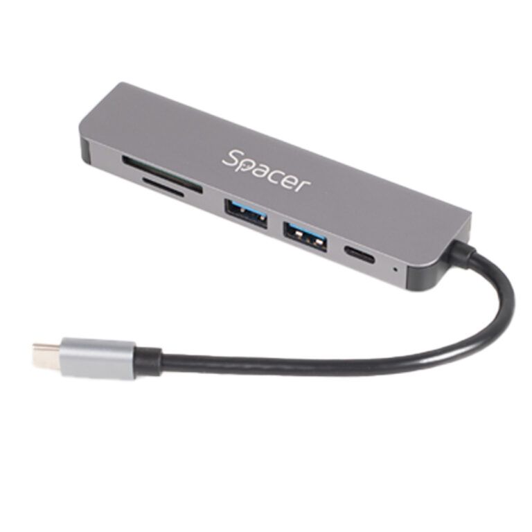 DOCKING Station Spacer universal 6 in 1, conectare Type-C, USB 3.0 x 2 |PD 3.0 x 1 (87W), porturi video HDMI x 1, 4K (30Hz),SD card x 1, TF (MicroSD card) x 1, gri, Aluminiu, „SPDS-TypeC-HUPS-6in1” (timbru verde 0.18 lei)