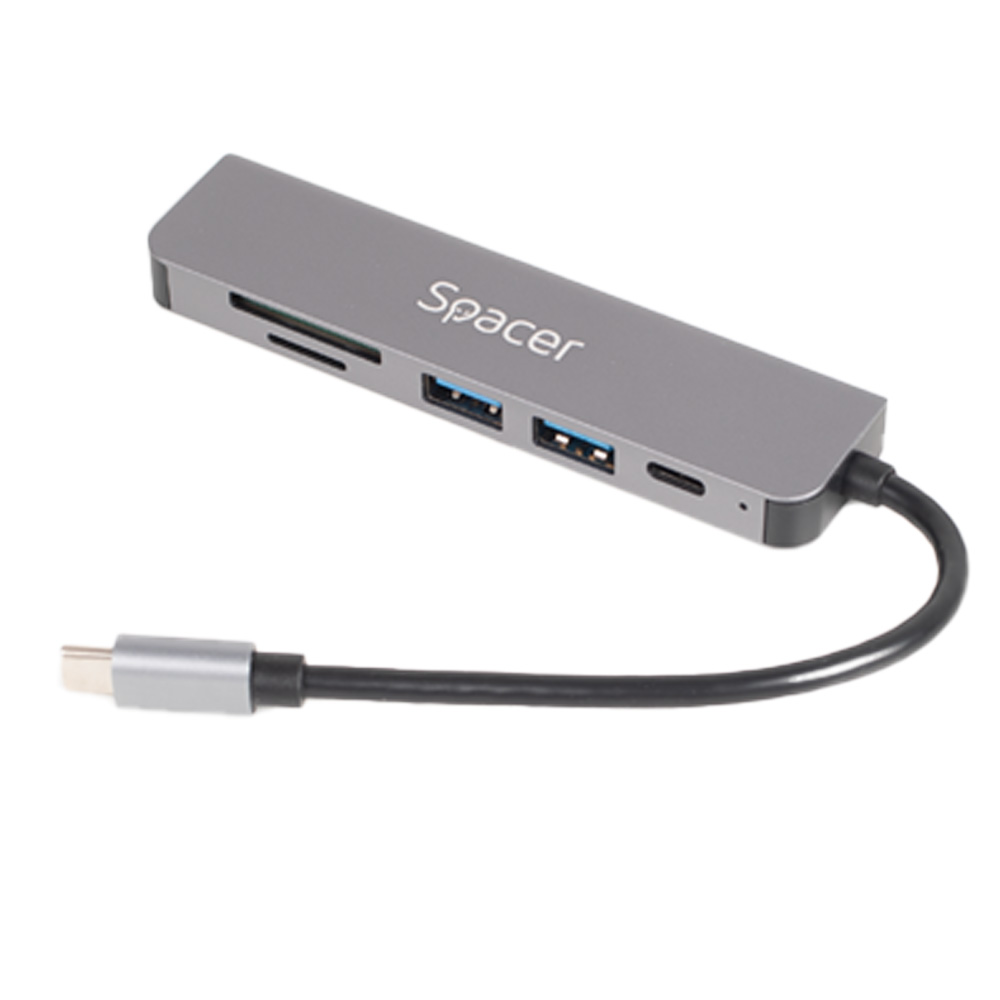 DOCKING Station Spacer universal 6 in 1, conectare Type-C, USB 3.0 x 2 |PD 3.0 x 1 (87W), porturi video HDMI x 1, 4K (30Hz),SD card x 1, TF (MicroSD card) x 1, gri, Aluminiu, „SPDS-TypeC-HUPS-6in1” (timbru verde 0.18 lei)