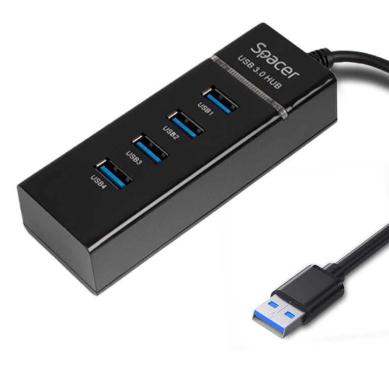 HUB extern SPACER, porturi USB: USB 3.0 x 4, conectare prin USB 3.0, 1m lungime cablu, negru, 45507057 „SPH-4USB30-01” (timbru verde 0.8 lei)