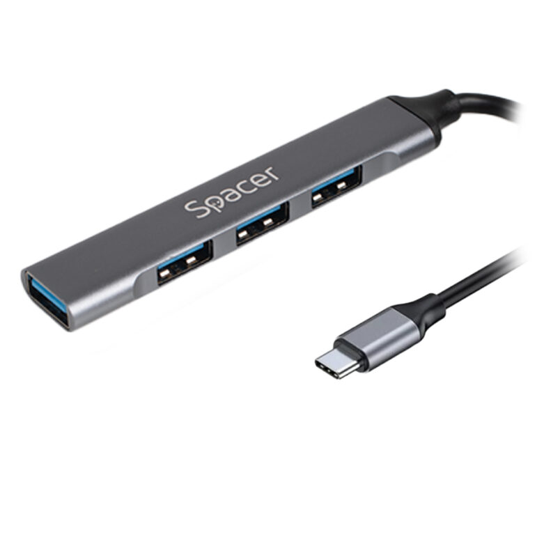 HUB extern SPACER, porturi USB:USB 3.0 X 1, USB 2.0 x 3, conectare prin TYPE-C, cablu 1m, aluminiu, (timbru verde 0.8 lei), „SPHB-TYPEC-4U-01”
