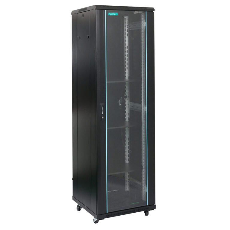 CABINET 19″ SPACER 18U 600x800mm, de podea, Flatpack (dezasamblat), Black, usa sticla cu blocare, panouri laterale detasabile, otel 2mm, sarcina maxima 1000Kg, „SPCN-18U-800-BK-03”