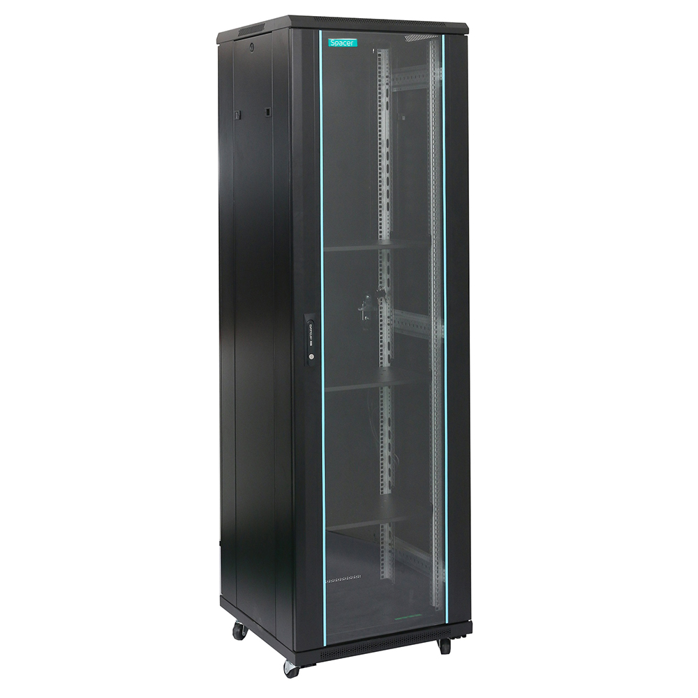 CABINET 19″ SPACER 42U 600x800mm, de podea, Flatpack (dezasamblat), Black, usa sticla cu blocare, panouri laterale detasabile, otel 2mm, sarcina maxima 1000Kg, „SPCN-42U-800-BK-03”