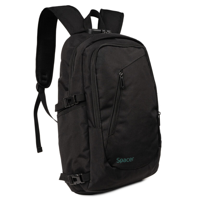 RUCSAC SPACER, pt. notebook de max. 15.6″, 2 compartimente, buzunar frontal, buzunar lateral x 2, blocare fermoar, USB 2.0 (M)(pt. acces la Power Bank), Jack 3.5 mm (pt. acces la casti), waterproof, poliester, negru, „Duke”, „SPB-DUKE-BLACK”