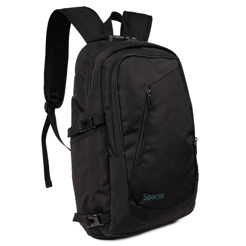 RUCSAC SPACER, pt. notebook de max. 15.6″, 2 compartimente, buzunar frontal, buzunar lateral x 2, blocare fermoar, USB 2.0 (M)(pt. acces la Power Bank), Jack 3.5 mm (pt. acces la casti), waterproof, poliester, negru, „Duke”, „SPB-DUKE-BLACK”