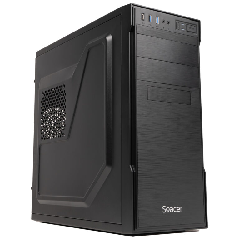 CARCASA SPACER – office, Middle Tower, ATX, „APOLLO”, sursa 250W (250W for 500 Desktop PC), USB 3.0 x 2, USB Type C x 1, HD Audio, black, „SPCS-OC-APOLLO-250W” (timbru verde 0.8 lei)