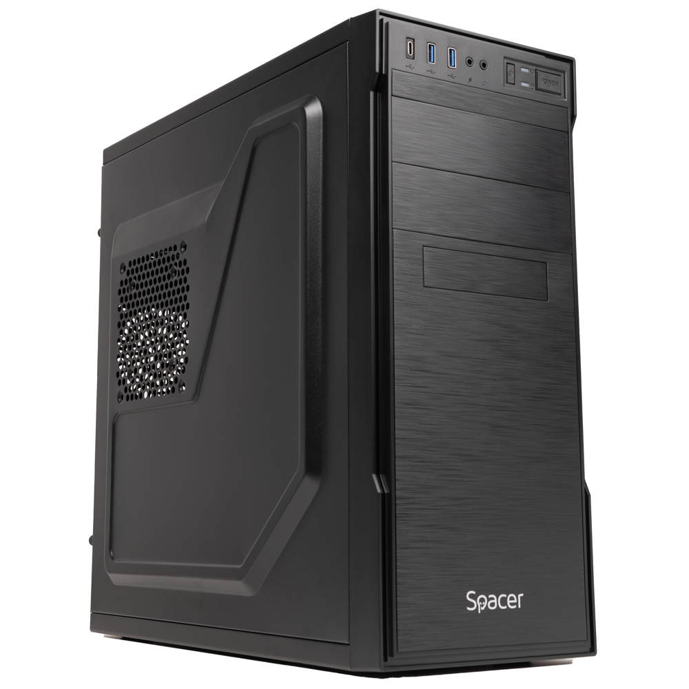 CARCASA SPACER – office, Middle Tower, ATX, „APOLLO”, sursa 250W (250W for 500 Desktop PC), USB 3.0 x 2, USB Type C x 1, HD Audio, black, „SPCS-OC-APOLLO-250W” (timbru verde 0.8 lei)