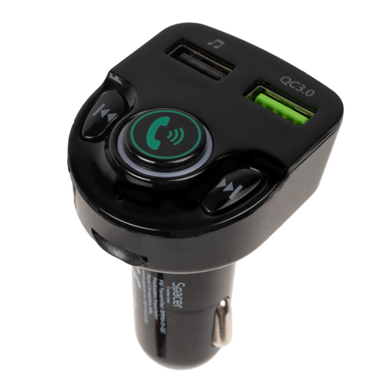 MODULATOR AUTO FM SPACER, Bluetooth 5.0. 1xUSB QC3.0 & 1xUSB max. 5V/3.1A, 12V-24V, max. 10-15m, mic max. 0-2m, format MP3/WMA, 206 canale 87.5-108Mhz, USB disk, microSD, answer/reject/hang up/redial, black, „SPFM-01-QC” (timbru verde 0.18 lei)