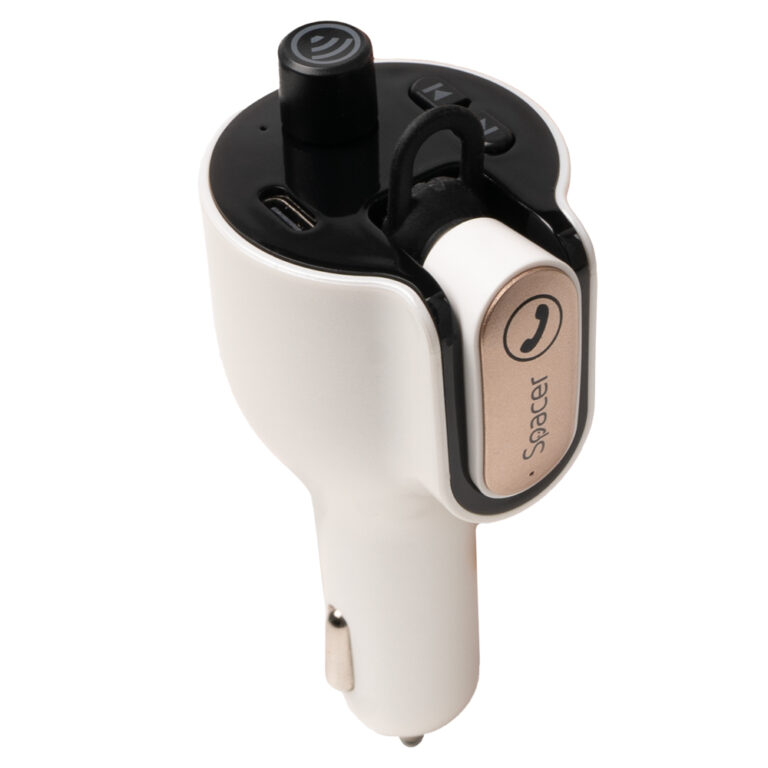 MODULATOR AUTO FM SPACER cu casca Bluetooth 5.0, 1xUSB QC3.0 + Type-C; 1xUSB max. 5V/3.1A, earphone 30mAh, 12V-24V, max. 10-15m, mic max. 0-2m, format MP3/WMA, 206 canale 87.5-108Mhz, USB disk, white, „SPFM-HS1-QC” (timbru verde 0.18 lei)